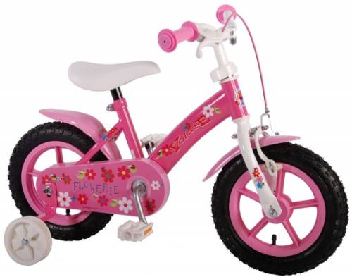 Bicicleta fete 12 inch Volare Flowerie cu roti ajutatoare si cosulet roz