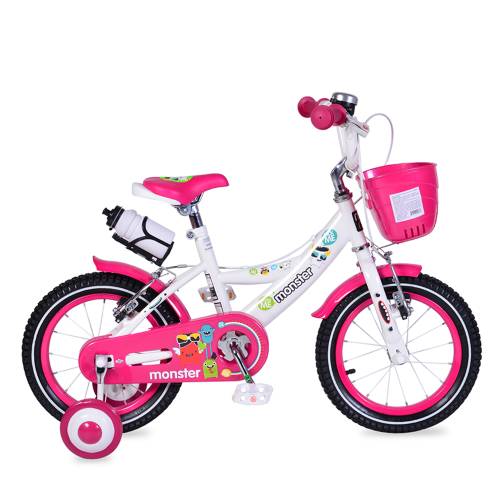 Bicicleta pentru fetite cu roti ajutatoare si cosulet 14 inch Little Monster Pink