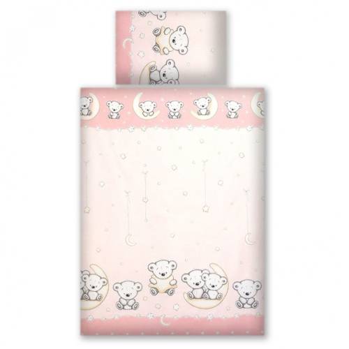 Set lenjerie din bumbac cu protectie laterala pentru pat bebelusi 120x60 cm Teddy Bear Pink